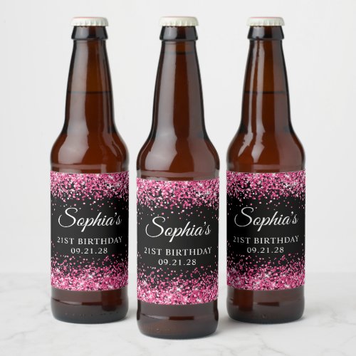 Hot Pink Glitter Black 21st Birthday Beer Bottle Label