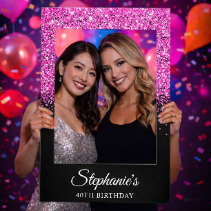 Hot Pink Glitter Black 40th Birthday Selfie Frame