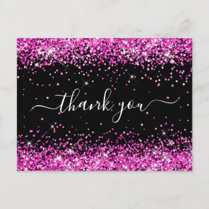 Hot Pink Glitter Black 40th Birthday Thank You Postcard