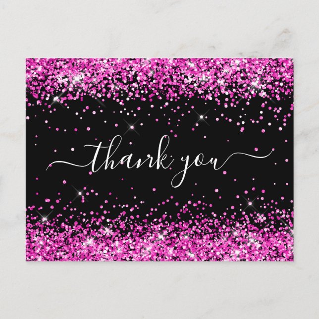 Hot Pink Glitter Black 40th Birthday Thank You Postcard (Front)