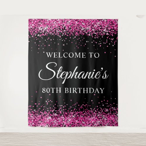 Hot Pink Glitter Black 80th Birthday Welcome