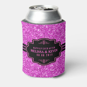 Hot Pink Glitter Black Accent Wedding Template Can Cooler