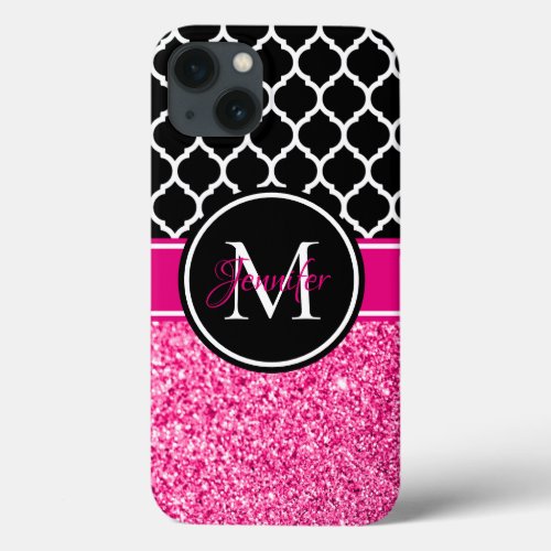 Hot Pink Glitter Black and White Trellis Monogram iPhone 13 Case