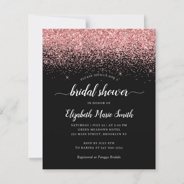 Hot Pink Glitter Black Bridal Shower Invitation (Front)