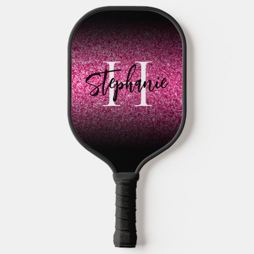 Hot Pink Glitter Black Edge Ombre Monogrammed Pickleball Paddle