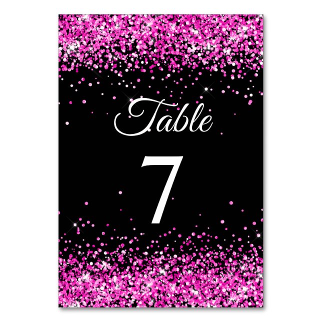Hot Pink Glitter Black Elegant Calligraphy Table Number (Front)