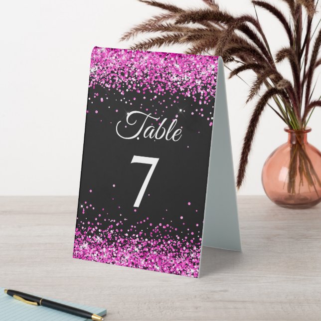 Hot Pink Glitter Black Elegant Table Number Tent (In SItu (Table))