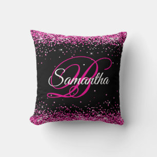 Hot Pink Glitter Black Fancy Monogram Throw Pillow