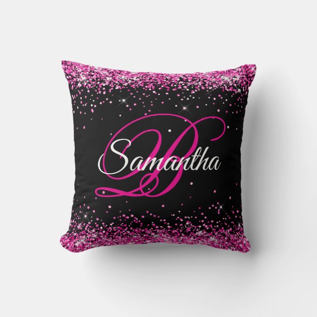 Hot Pink Glitter Black Fancy Monogram Throw Pillow (Front)