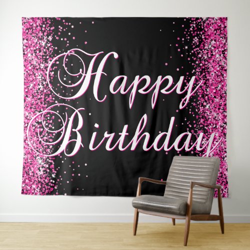 Hot Pink Glitter Black Happy Birthday Calligraphy
