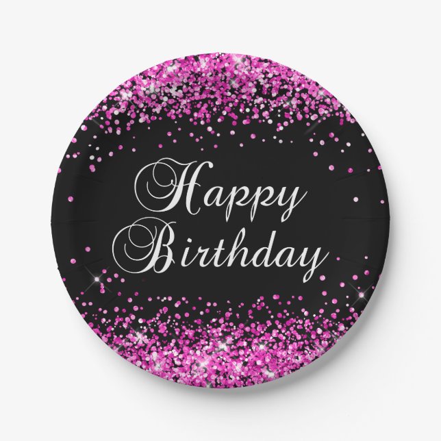 Hot Pink Glitter Black Happy Birthday Paper Plates (Front)