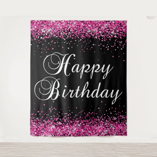 Hot Pink Glitter Black Happy Birthday