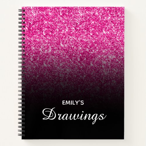 Hot Pink Glitter Black Ombre Personalized Drawing Notebook