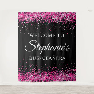 Hot Pink Glitter Black Quinceañera Welcome Tapestry