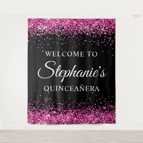 Hot Pink Glitter Black Quinceañera Welcome