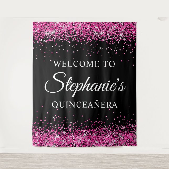 Hot Pink Glitter Black Quinceañera Welcome Tapestry (Front)