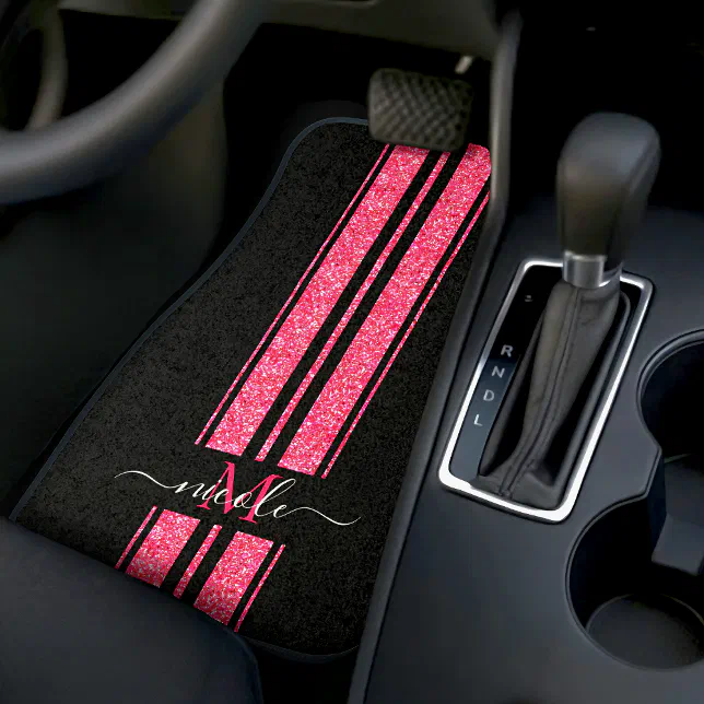 Hot Pink Glitter + Black Stripe Monogram Metallic Car Floor Mat
