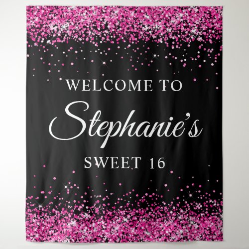 Hot Pink Glitter Black Sweet 16 Birthday Welcome Tapestry