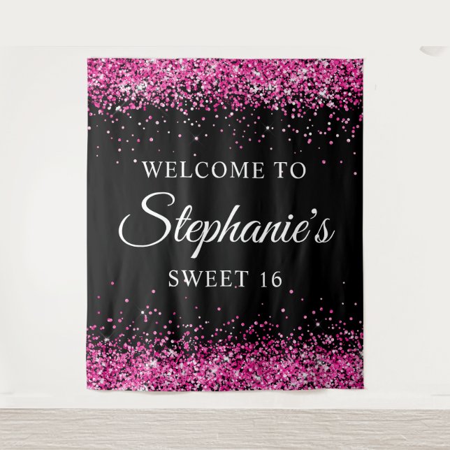 Hot Pink Glitter Black Sweet 16 Birthday Welcome Tapestry (Front)