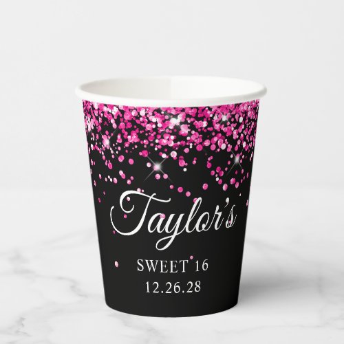 Hot Pink Glitter Black Sweet 16 Paper Cups