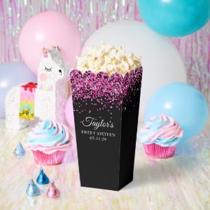 Hot Pink Glitter Black Sweet Sixteen Favor Boxes