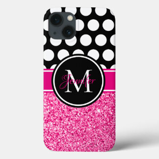 Hot Pink Glitter Black White Polka Dot Monogram iPhone 13 Case
