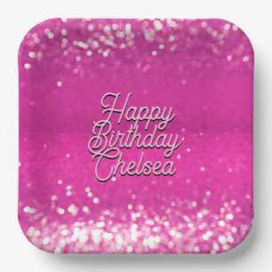 Hot Pink Glitter Bokeh Custom Text Paper Plates