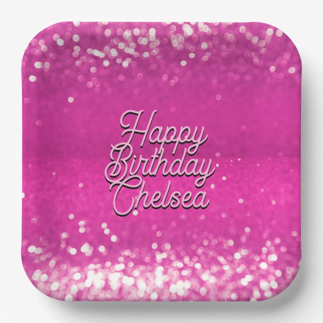 Hot Pink Glitter Bokeh Custom Text Paper Plates (Front)