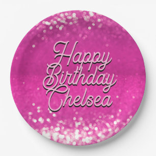 Hot Pink Glitter Bokeh Custom Text Paper Plates