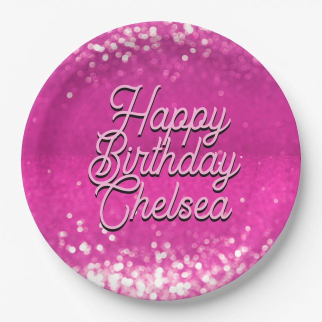 Hot Pink Glitter Bokeh Custom Text Paper Plates (Front)