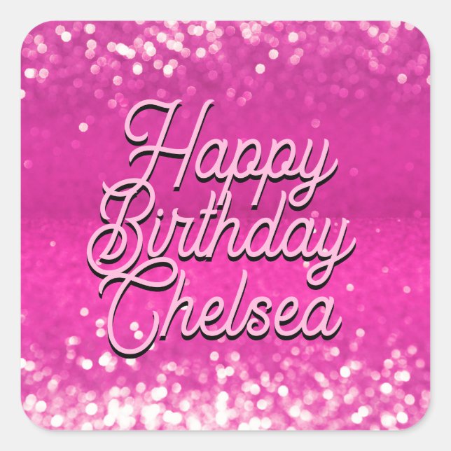 Hot Pink Glitter Bokeh Custom Text Square Sticker (Front)