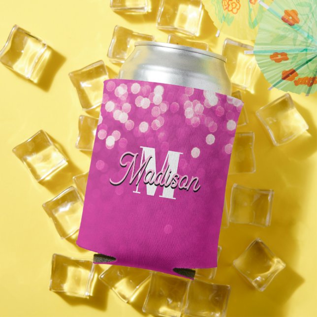 Hot Pink Glitter Bokeh Monogram Can Cooler (In Situ Summer)