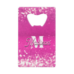 Hot Pink Glitter Bokeh Monogram Credit Card Bottle Opener