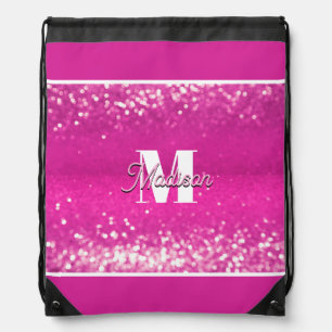 Hot Pink Glitter Bokeh Monogram Drawstring Bag