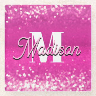 Hot Pink Glitter Bokeh Monogram Glass Coaster