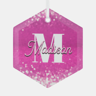 Hot Pink Glitter Bokeh Monogram Glass Ornament