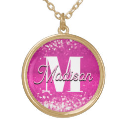 Hot Pink Glitter Bokeh Monogram Gold Plated Necklace