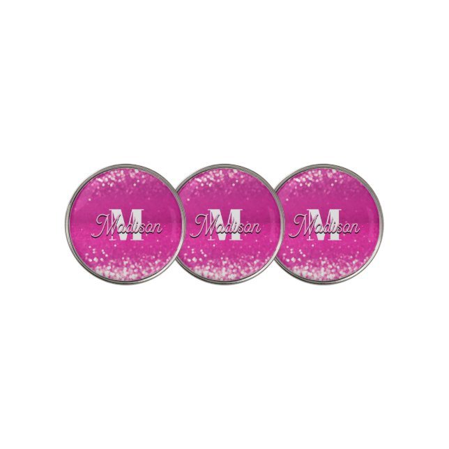 Hot Pink Glitter Bokeh Monogram Golf Ball Marker (3 Up)