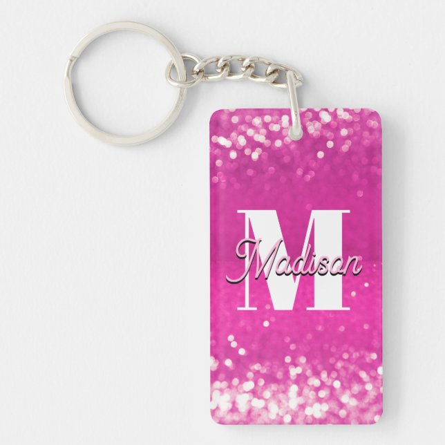 Hot Pink Glitter Bokeh Monogram Keychain (Front)