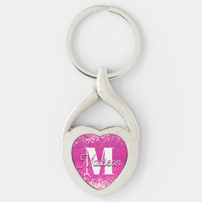 Hot Pink Glitter Bokeh Monogram Keychain (Front)