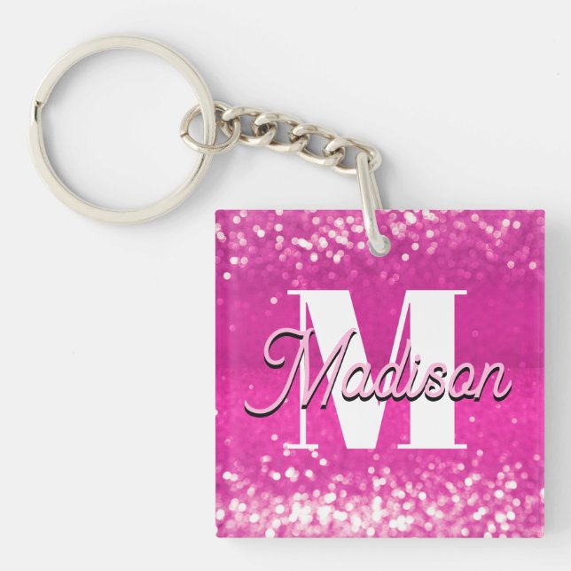Hot Pink Glitter Bokeh Monogram Keychain (Front)
