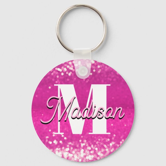 Hot Pink Glitter Bokeh Monogram Keychain (Front)