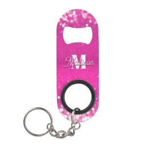 Hot Pink Glitter Bokeh Monogram Keychain Bottle Opener