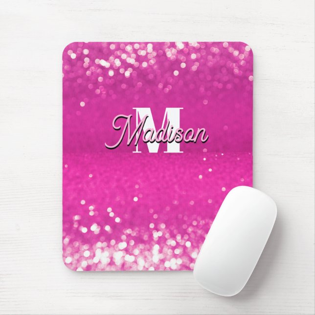 Hot Pink Glitter Bokeh Monogram Mouse Pad (With Mouse)