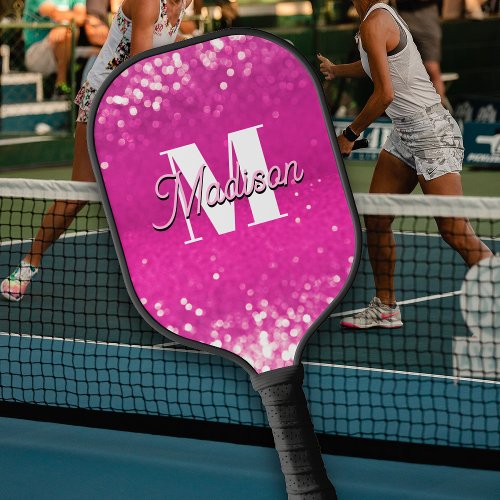 Hot Pink Glitter Bokeh Monogram Pickleball Paddle