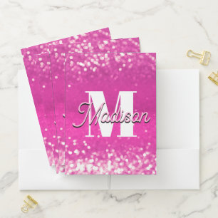 Hot Pink Glitter Bokeh Monogram Pocket Folder