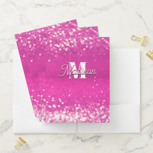 Hot Pink Glitter Bokeh Monogram Pocket Folder