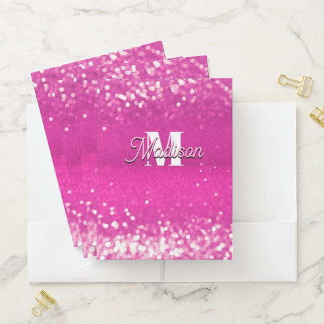 Hot Pink Glitter Bokeh Monogram Pocket Folder (In Situ)