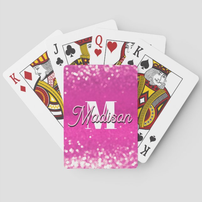 Hot Pink Glitter Bokeh Monogram Poker Cards (Back)