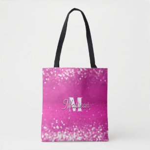 Hot Pink Glitter Bokeh Monogram Tote Bag